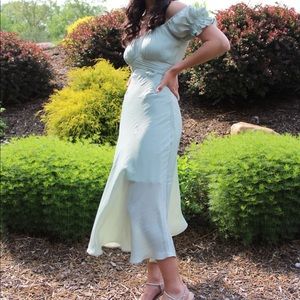 Green/Blue Flowy Off the Shoulder Maxi Dress